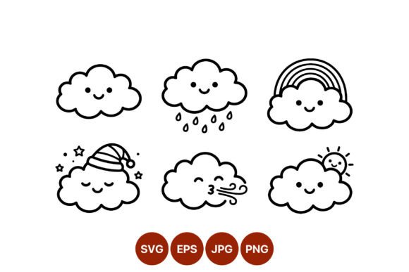 Download Cute Cloud Faces Black White Vector - Cloud Collection