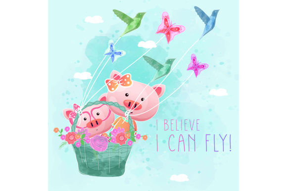 Download Cute Pigs Flying with Spring Basket - Pig Collection