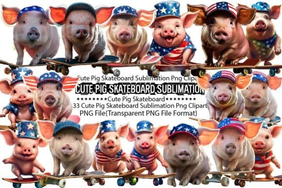 Download 4th of July Cute Pink Pig Skateboard PNG - Pig Collection