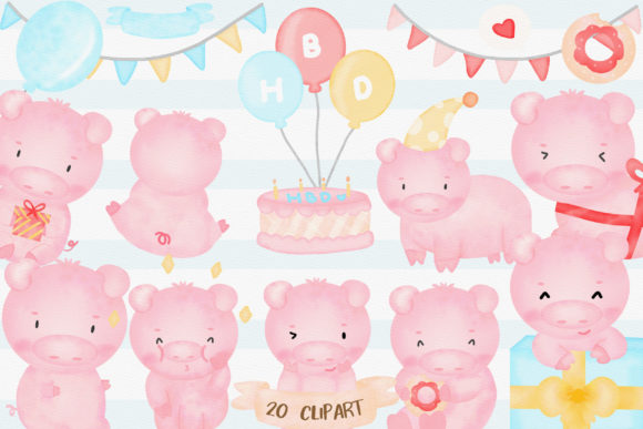 Download Cute Pigs Birthday Watercolor Clipart - Pig Collection