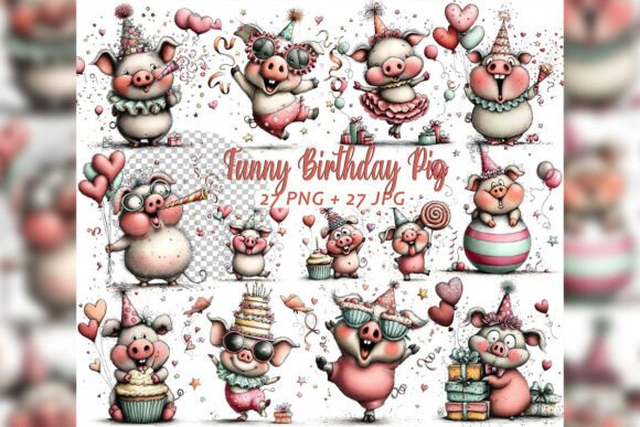 Download Whimsical Birthday Pig Clipart Set - Pig Collection