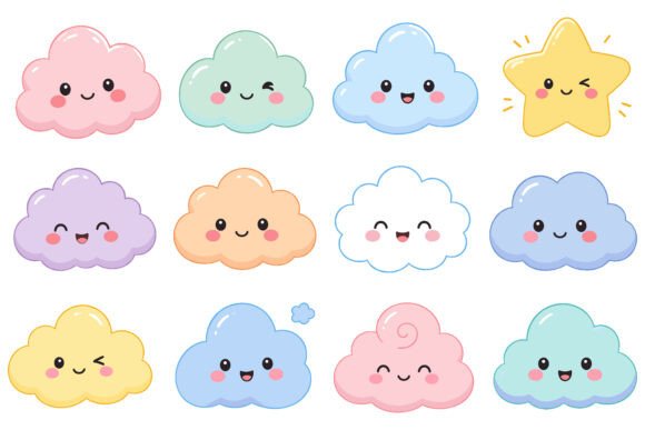 Download Cute Kawaii Cloud and Star Cartoon Set - Cloud Collection
